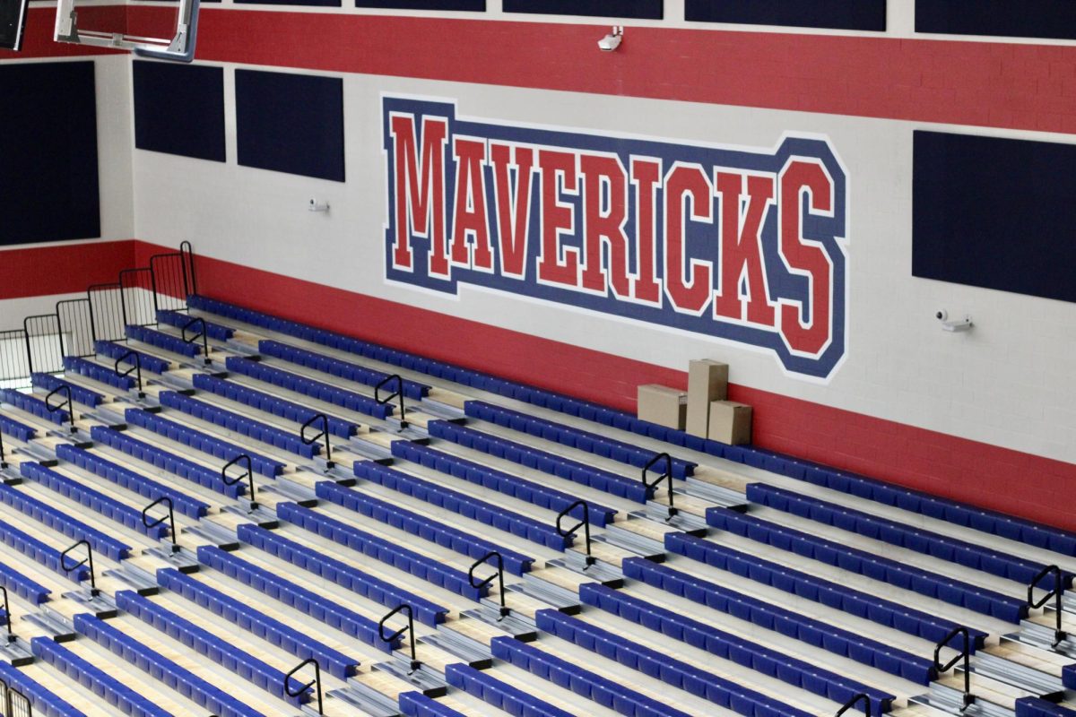 The school is draped out in its navy and red colors. Here's a picture of one side of the main gym. 